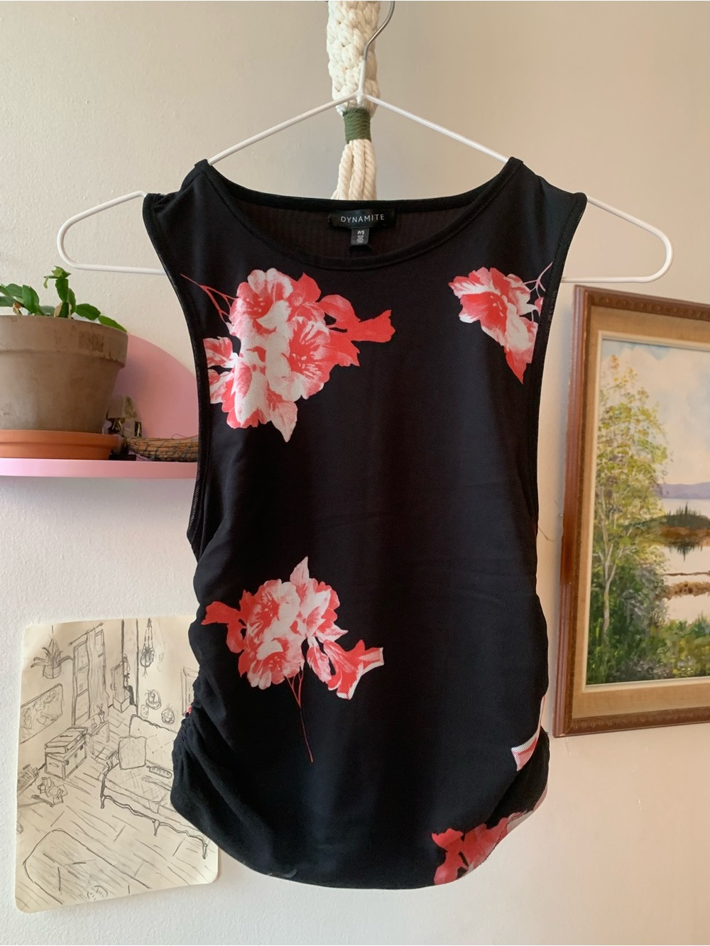 Dynamite Black Tank with Coral-Pink Floral Prints